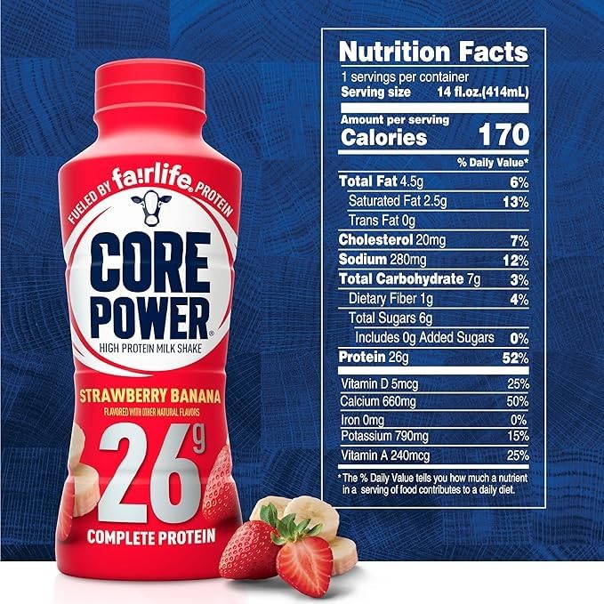 Fairlfe Core Power 26g Protein Milk Shakes Variety Pack (Pack of 8), Chocolate, Vanilla, Strawberrry Banana, Banana, Made with Canadian Milk, 414mL/14 fl. oz. (Shipped from Canada)