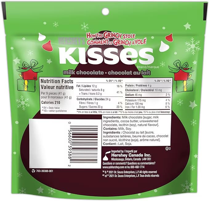 Hershey's Kisses How the Grinch Stole Kisses, Milk Chocolate, 180g/6.3 oz (Shipped from Canada)