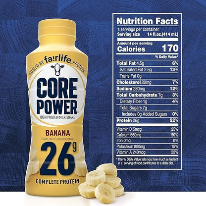 Fairlfe Core Power 26g Protein Milk Shakes Variety Pack (Pack of 8), Chocolate, Vanilla, Strawberrry Banana, Banana, Made with Canadian Milk, 414mL/14 fl. oz. (Shipped from Canada)