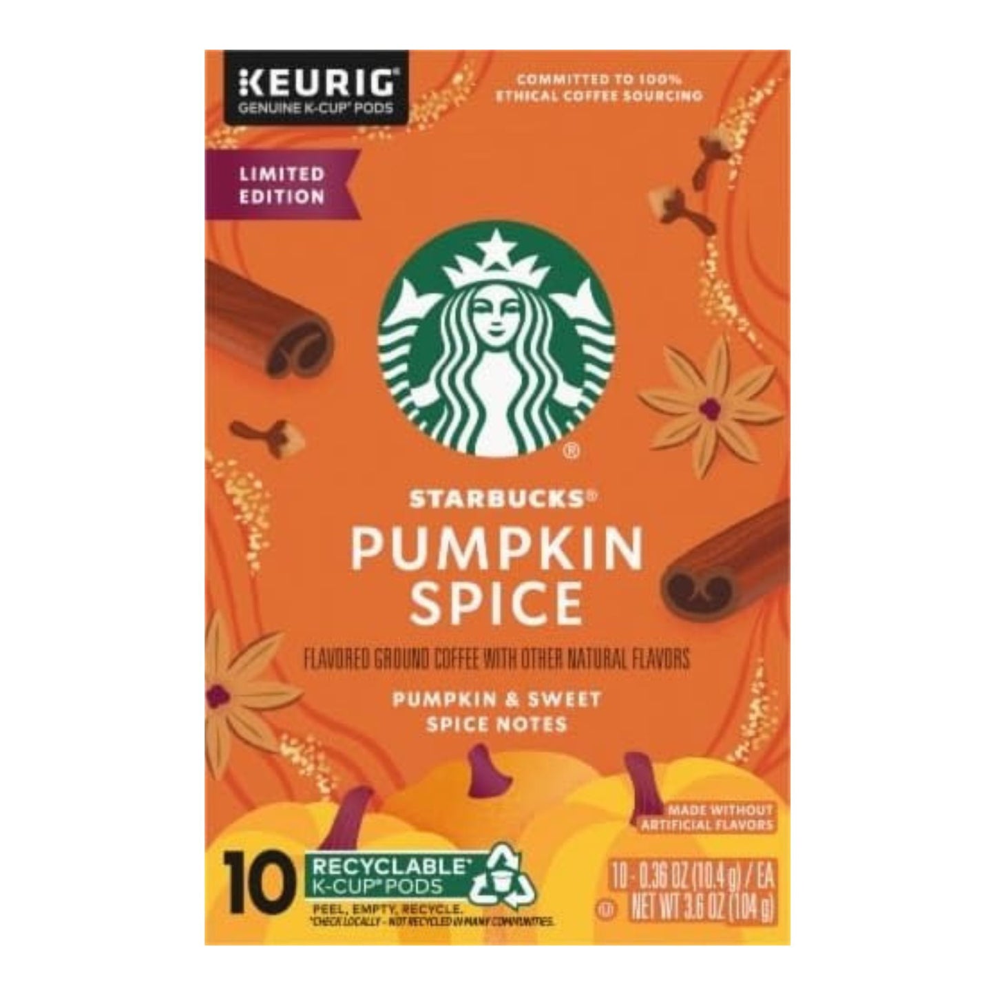 Starbucks Pumpkin Spice Flavored Coffee, Keurig K-Cup Coffee Pods - Limited Edition, Fall Flavor, 10ct, 104g/3.7 oz (Shipped from Canada)