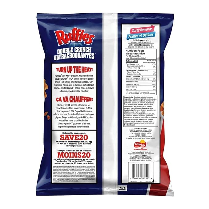 Ruffles Double Crunch KFC Zinger Hot & Spicy Chicken Potato Chips, 180 g/6.3 oz (Shipped from Canada)