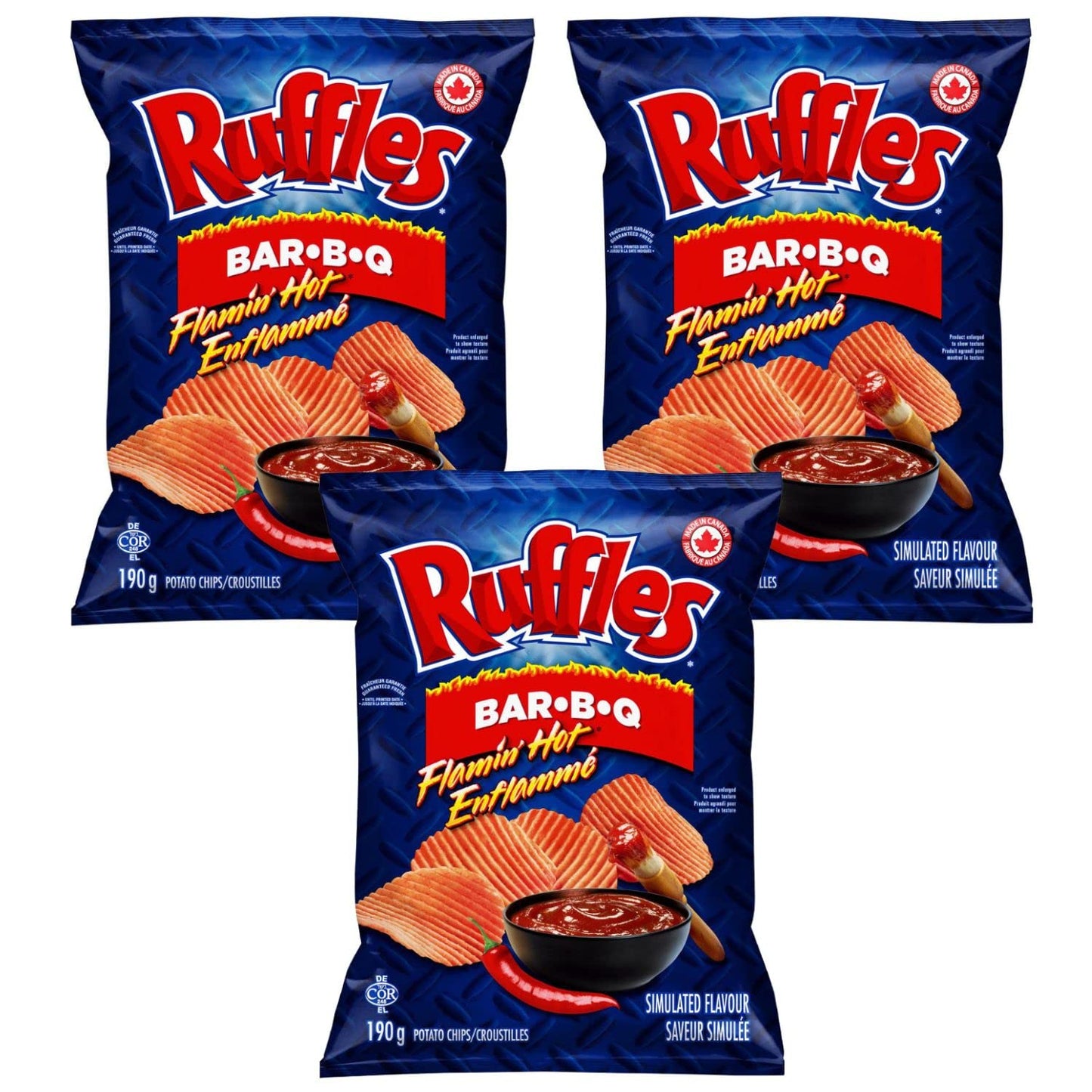 Ruffles Flamin' Hot Bar-B-Q Potato Chips pack of 3
