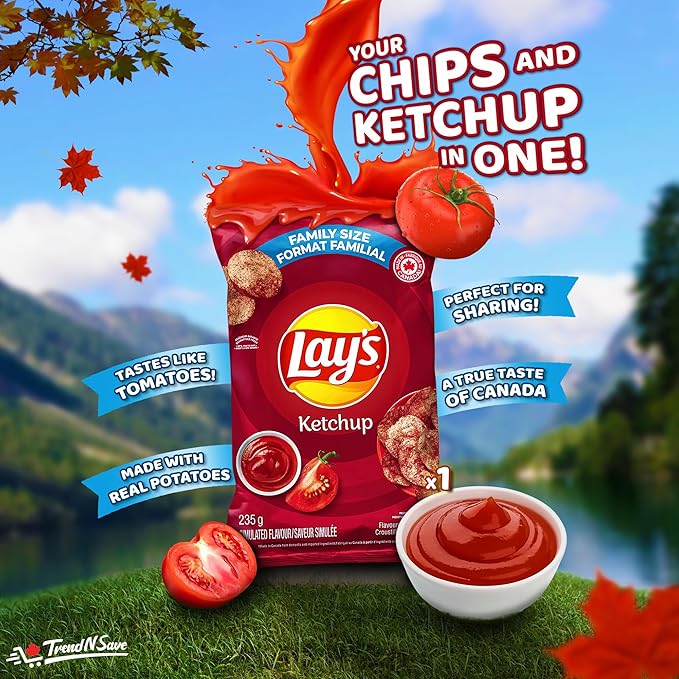 Lays Ketchup Potato Chips Family Bag, Canadian Chips; For Sharing - Limited Edition, 219.7g / 7.7oz (Shipped from Canada)