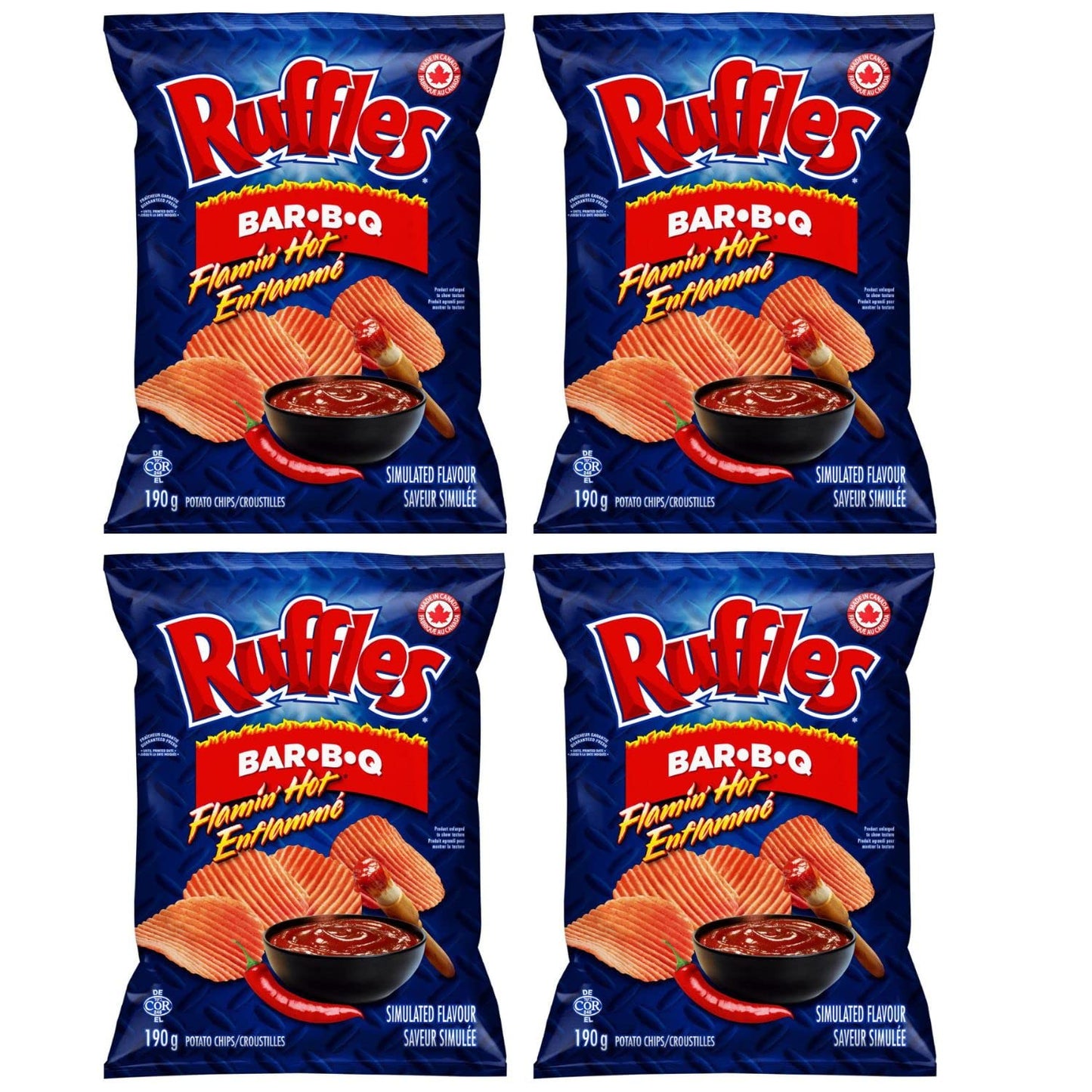 Ruffles Flamin' Hot Bar-B-Q Potato Chips pack of 4