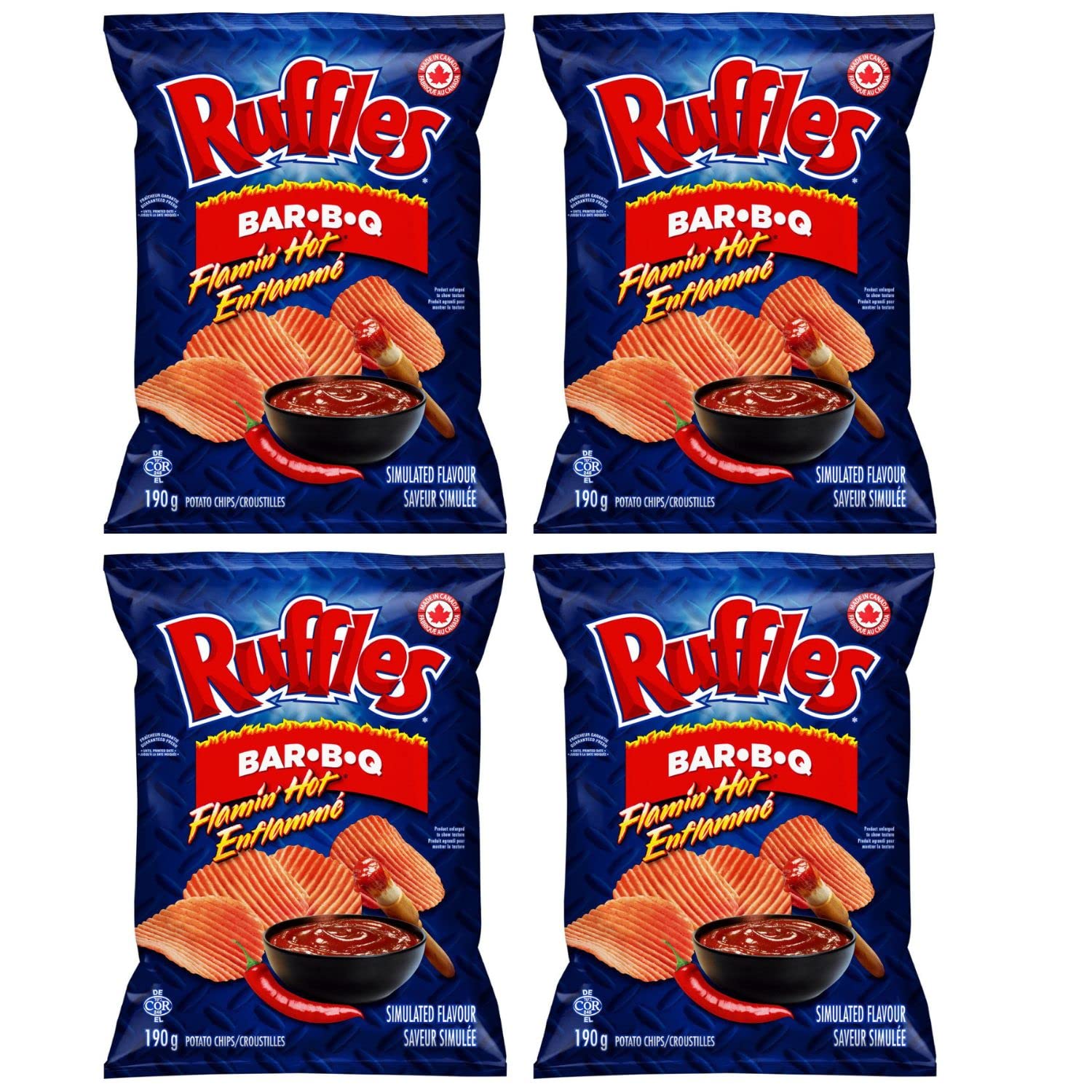 Ruffles Flamin' Hot Bar-B-Q Potato Chips pack of 4