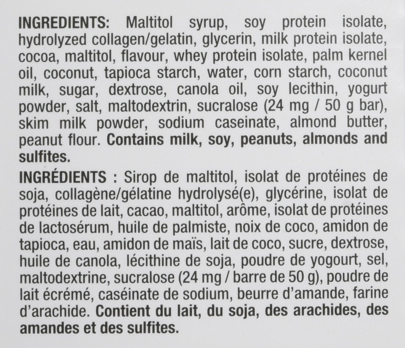 Pure Protein Dark Chocolate Coconut Ingredients