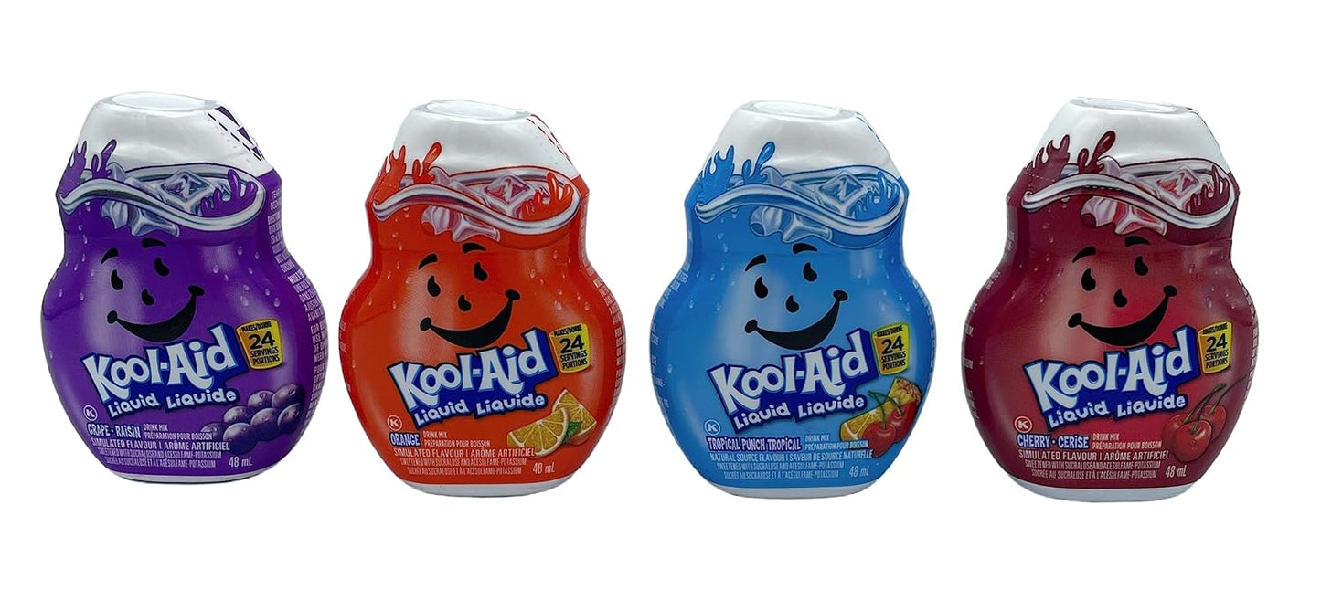 Kool-Aid Liquid Drink Mix Variety Pack - Grape, Orange, Tropical Punch, Cherry, 48ml/1.62 Fl.oz (Shipped from Canada)