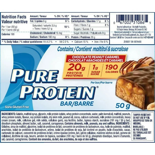 Pure Protein Chocolate Peanut Caramel 20g of protein, gluten free, 6x50g/1.76oz (Shipped from Canada)