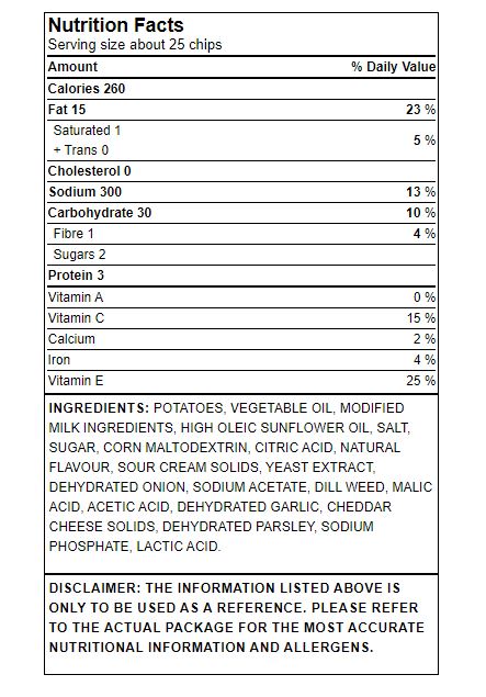 Old Dutch Creamy Dill Potato Chips nutrition facts