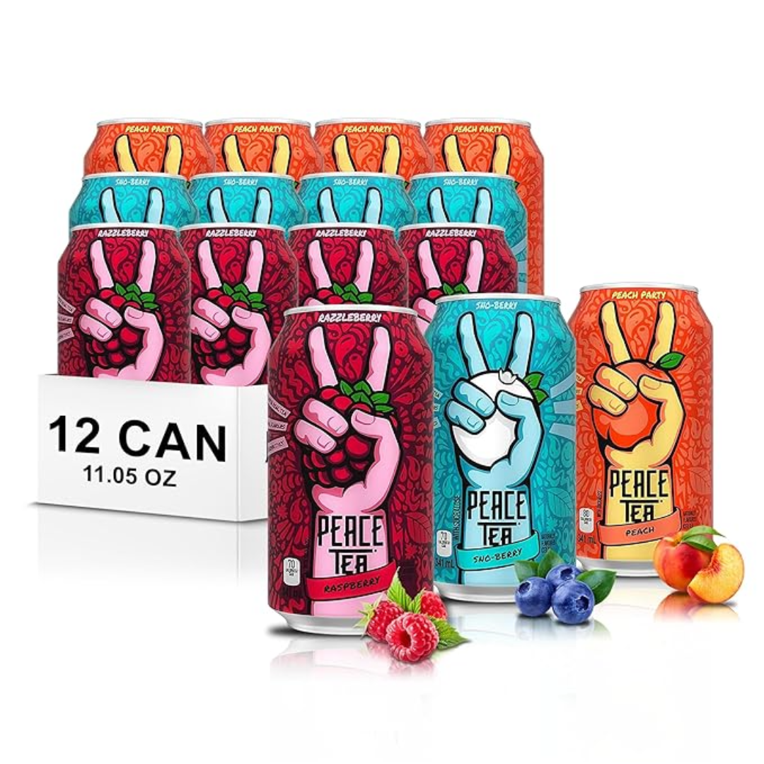 Peace Tea Variety Pack - Pack of 12 Iced Tea Cans (4 Cans of Razzleberry, 4 Cans of Peach, 4 Cans of Sno Berry) 3 Flavors, 341 mL/11.5 fl. oz - Shipped from Canada