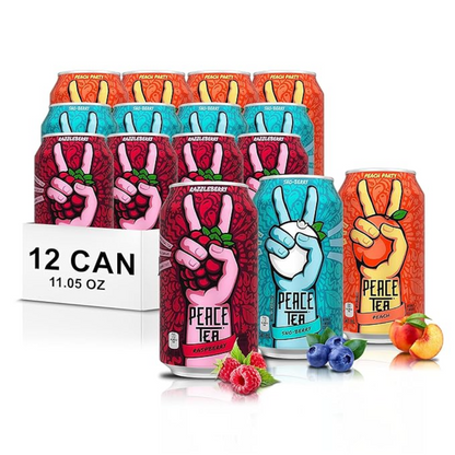 Peace Tea Variety Pack - Pack of 12 Iced Tea Cans (4 Cans of Razzleberry, 4 Cans of Peach, 4 Cans of Sno Berry) 3 Flavors, 341 mL/11.5 fl. oz - Shipped from Canada