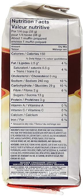 Quaker Muffin Mix Low Fat Oatmeal Nutrition Facts