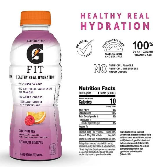 Gatorade G Fit Electrolyte Beverage Healthy Real Hydration  Citrus Berry 500ml/16.9 fl. oz. (Shipped from Canada)