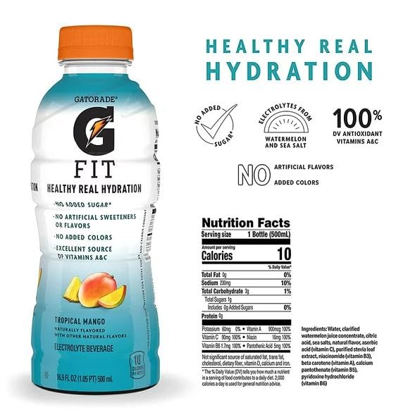 Gatorade G Fit Electrolyte Beverage Healthy Real Hydration Tropical Mango 500ml/16.9 fl. oz. (Shipped from Canada)