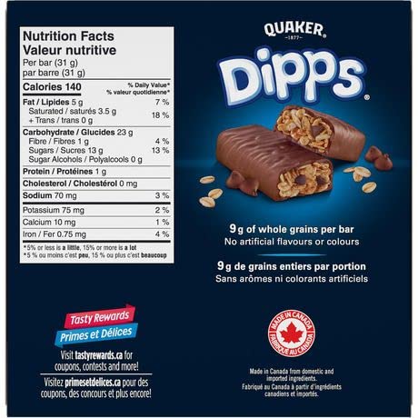 Quaker Dipps Chocolate Chip Granola Bars  Nutrition Facts