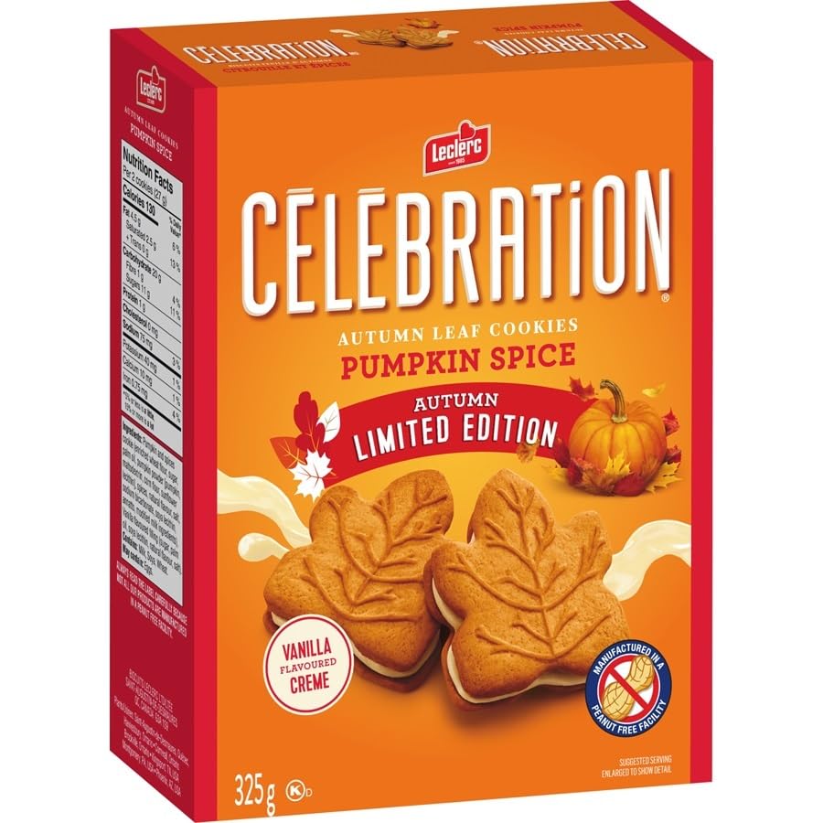 Leclerc Autumn Leaf Cookies Pumpkin Spice Vanilla Flavoured Creme, 325g/11.4oz (Shipped from Canada)