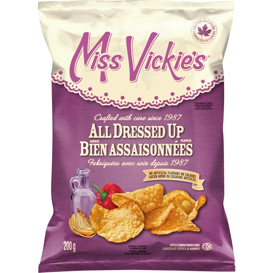 Miss Vickie's Kettle Cooked Potato Chips Variety Pack, All Dressed, Spicy Dill Pickle, Sour Cream, Herb and Onion, Lime and Black Pepper, Sweet & Spicy Ketchup Flavored Chips, 200g/7 oz (Pack of 5) Shipped from Canada