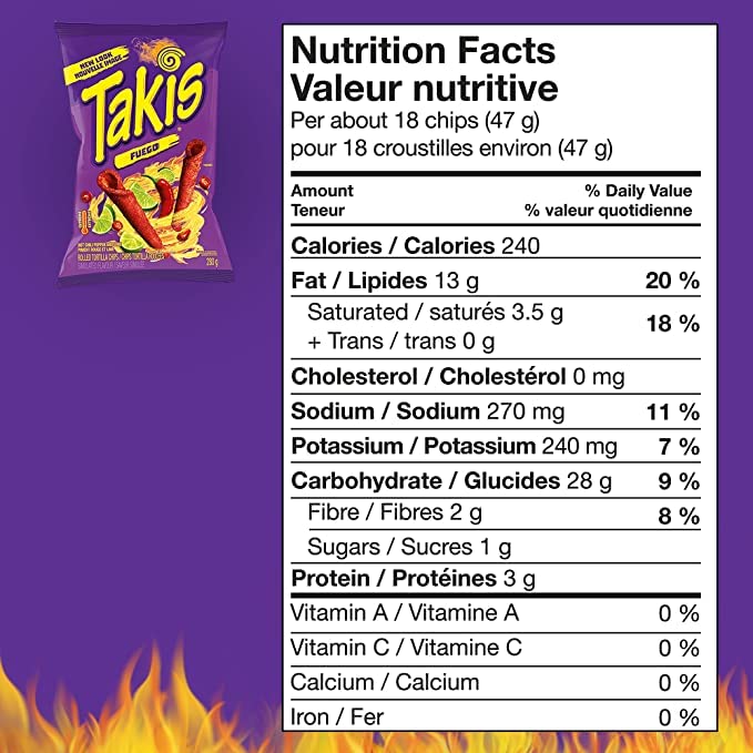 Takis Fuego Spicy Chili Pepper Lime  Nutrition Facts