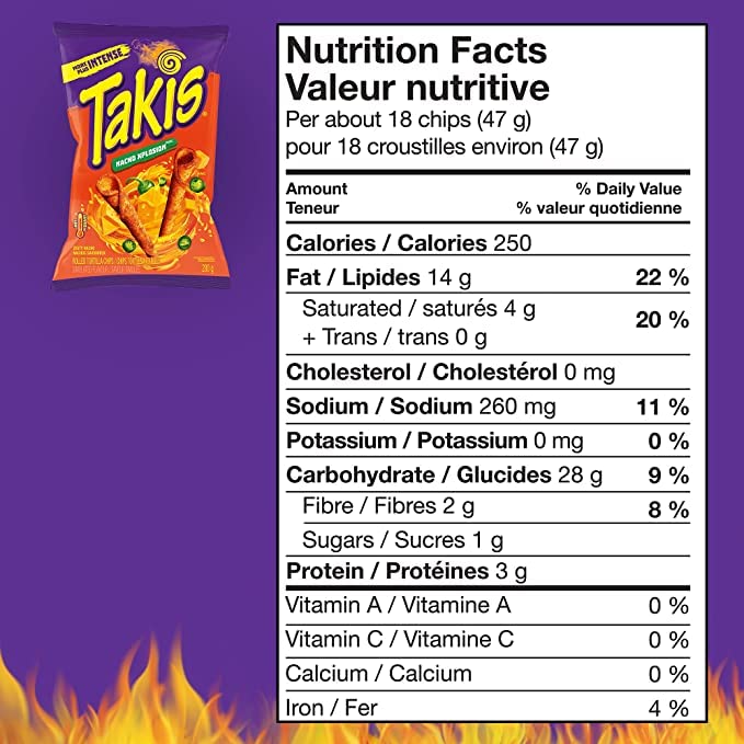 Takis Zesty Nacho Cheese Rolled Tortilla Chips nutrition facts