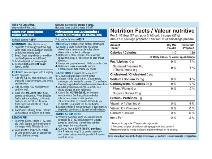 Dr. Oetker Shirriff Lemon Pie Nutrition Value French