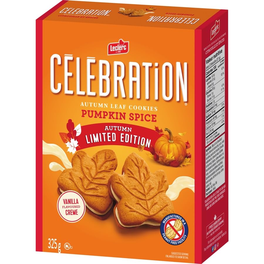 Leclerc Autumn Leaf Cookies Pumpkin Spice Vanilla Flavoured Creme, 325g/11.4oz (Shipped from Canada)