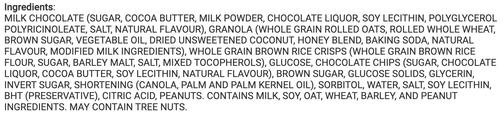 Quaker Dipps Chocolate Chip Granola Bars  Ingredients