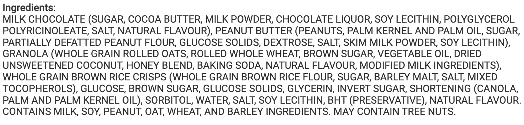 Quaker Dipps Peanut Butter Granola Bars  Ingredients