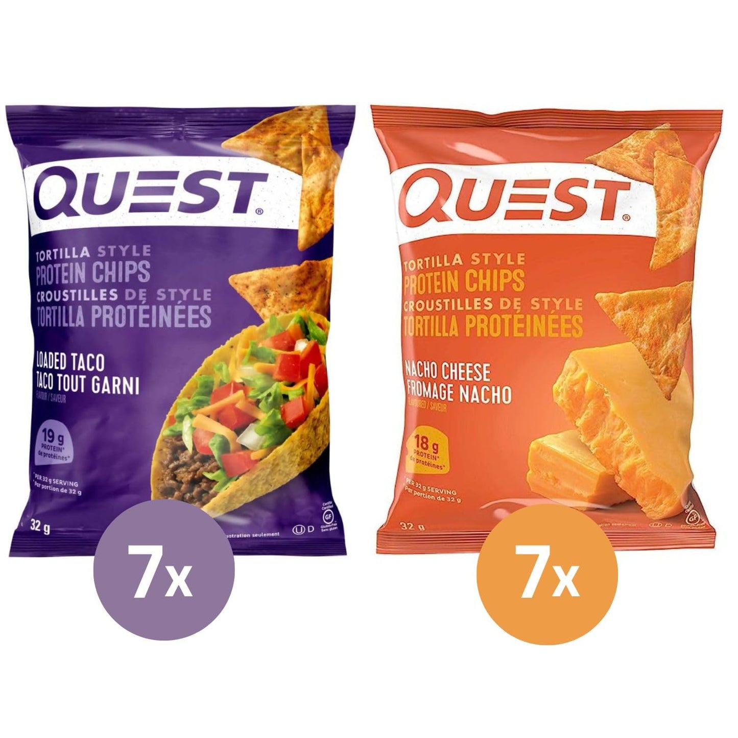 Quest Tortilla Style Protein Chips Variety Pack, Loaded Taco and Nacho Cheese (14ct), 32g/1.1oz (Shipped from Canada)