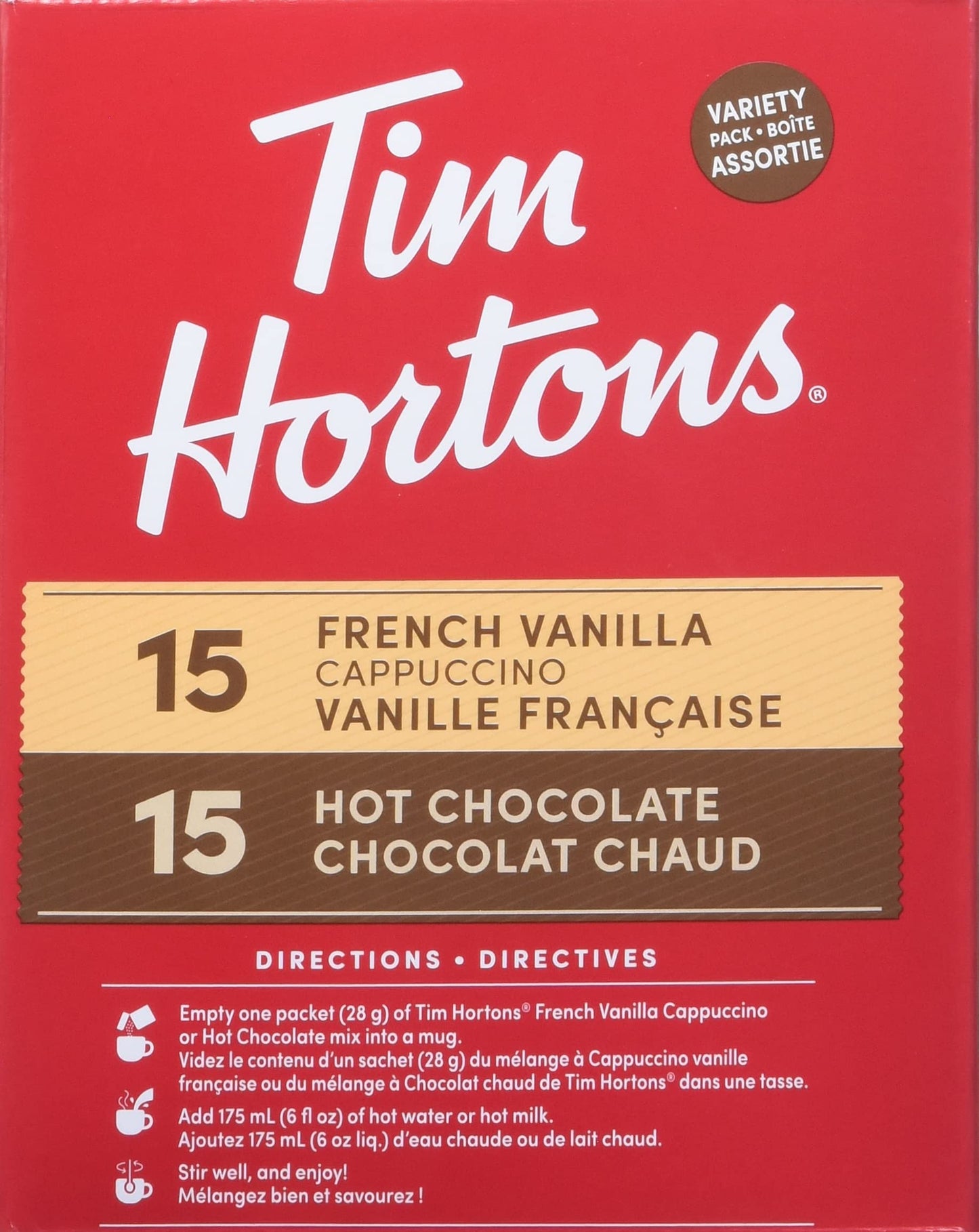 Tim Hortons Hot Chocolate Assorted Variety, French Vanilla & Cappuccino 30x28g (Shipped from Canada)