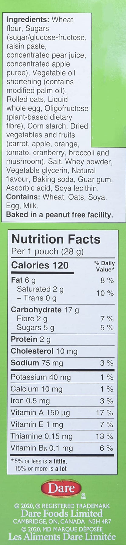 Dare Bear Paws Veggies Fruit Carrot Cake Nutrition Facts