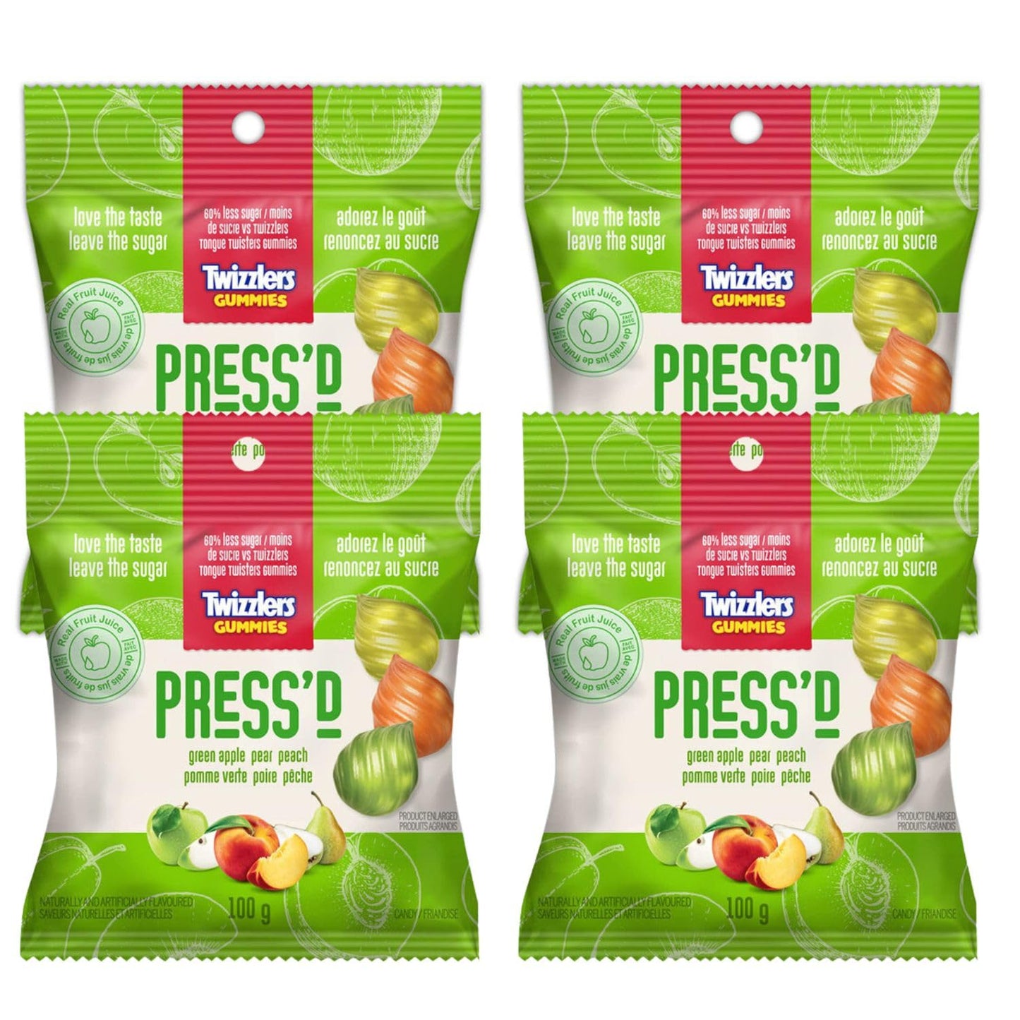 Twizzlers Press'd Fruit Gummies, Green Apple, Pear, & Peach Flavors, 100g/3.5oz (Shipped from Canada)