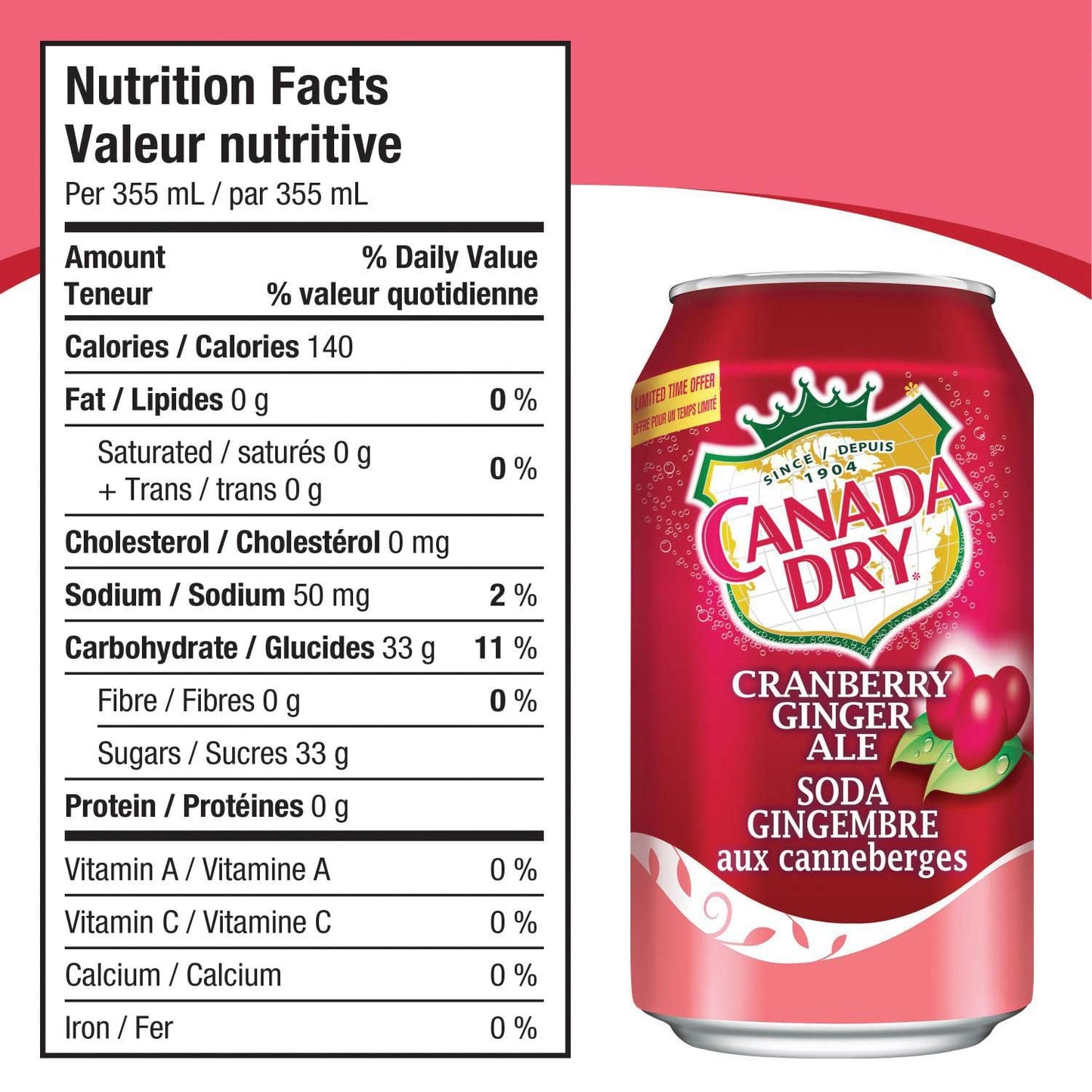 Canada Dry Cranberry Ginger Ale Cans 355ml/12.00oz (Shipped from Canada)