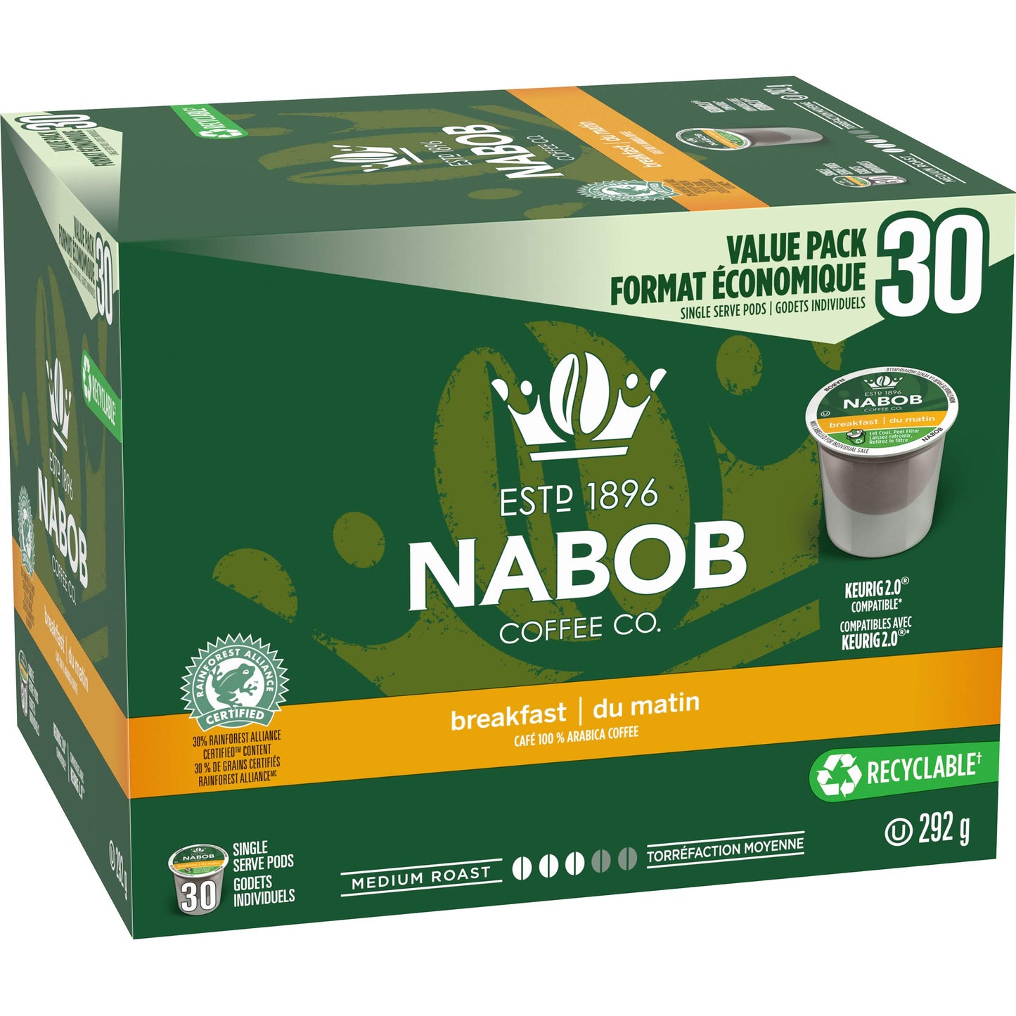 Nabob Breakfast Blend Coffee Keurig Certified K-Cup Pods 292g/10.3oz (Shipped from Canada)