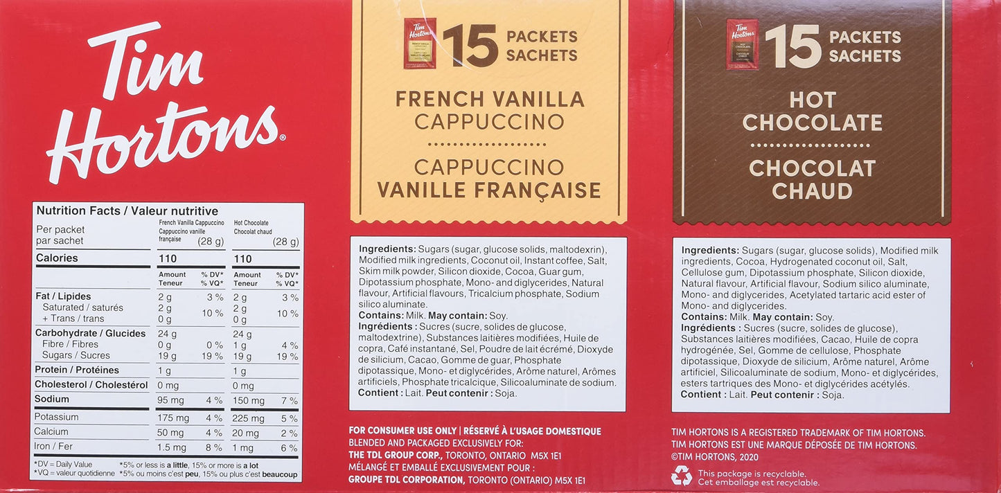 Tim Hortons Hot Chocolate Assorted Variety, French Vanilla & Cappuccino 30x28g (Shipped from Canada)