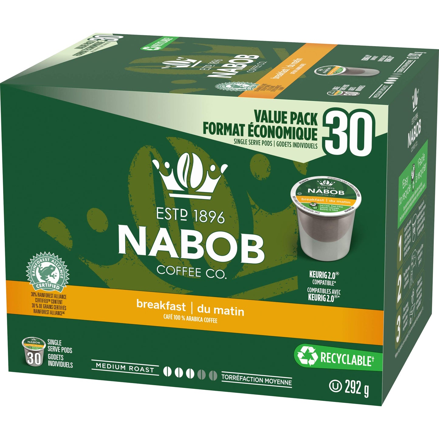 Nabob Breakfast Blend Coffee Keurig Certified K-Cup Pods 292g/10.3oz (Shipped from Canada)