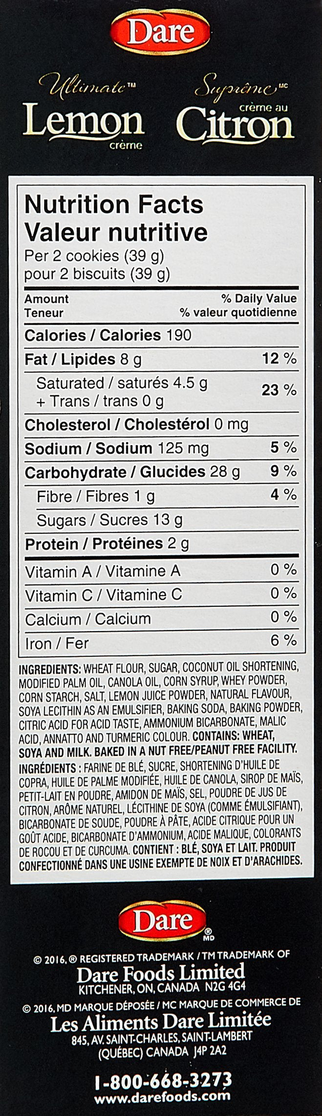 Dare Ultimate Lemon Creme Sandwich Cookies Nutrition Facts