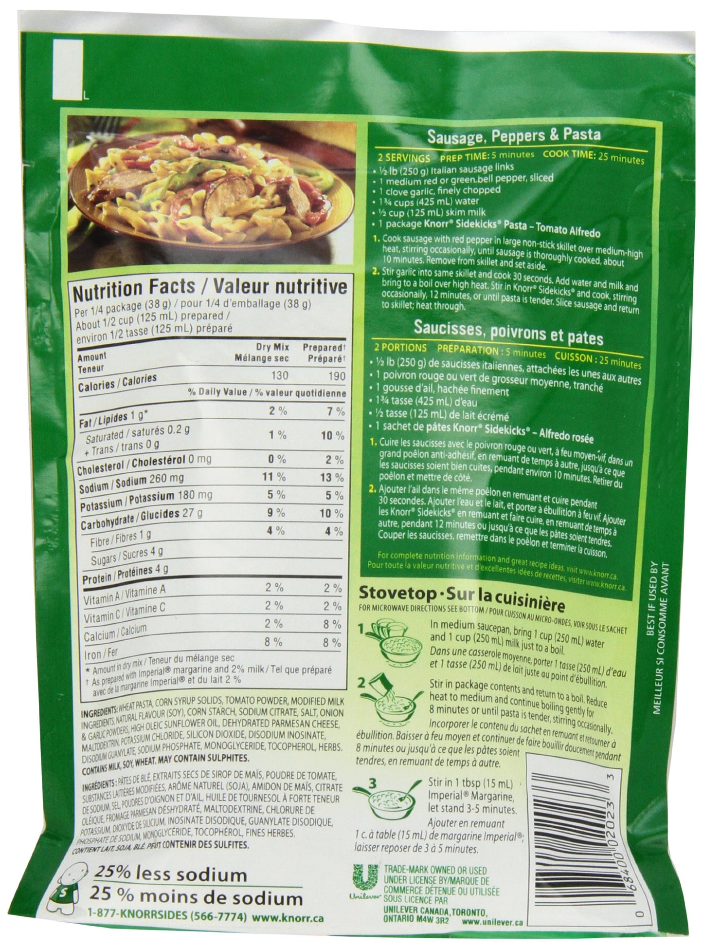 Knorr Sidekicks Tomato Alfredo Pasta Side Dish Nutrition Facts