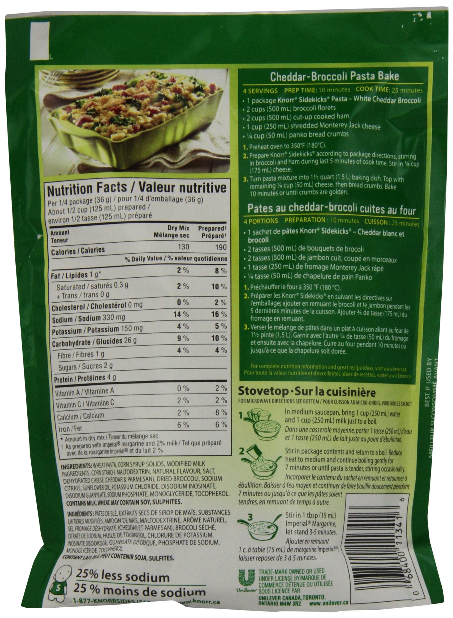 Knorr Sidekicks White Cheddar And Broccoli Pasta Nutrition Facts