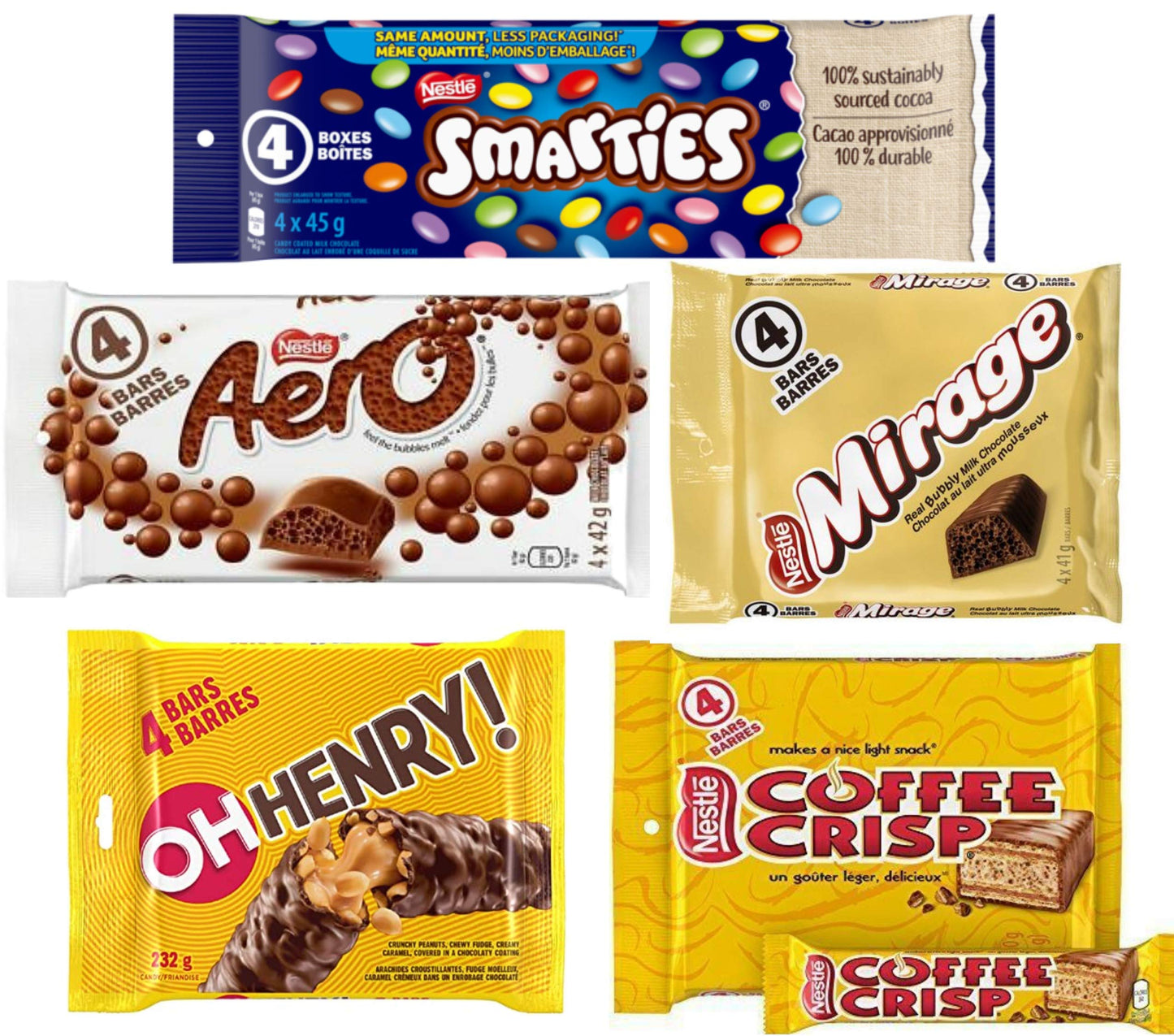 Nestle Variety Full Size Bars, Oh Henry, Coffee Crisp, Smarties, Aero, Mirage Chocolate Bars (Shipped from Canada)