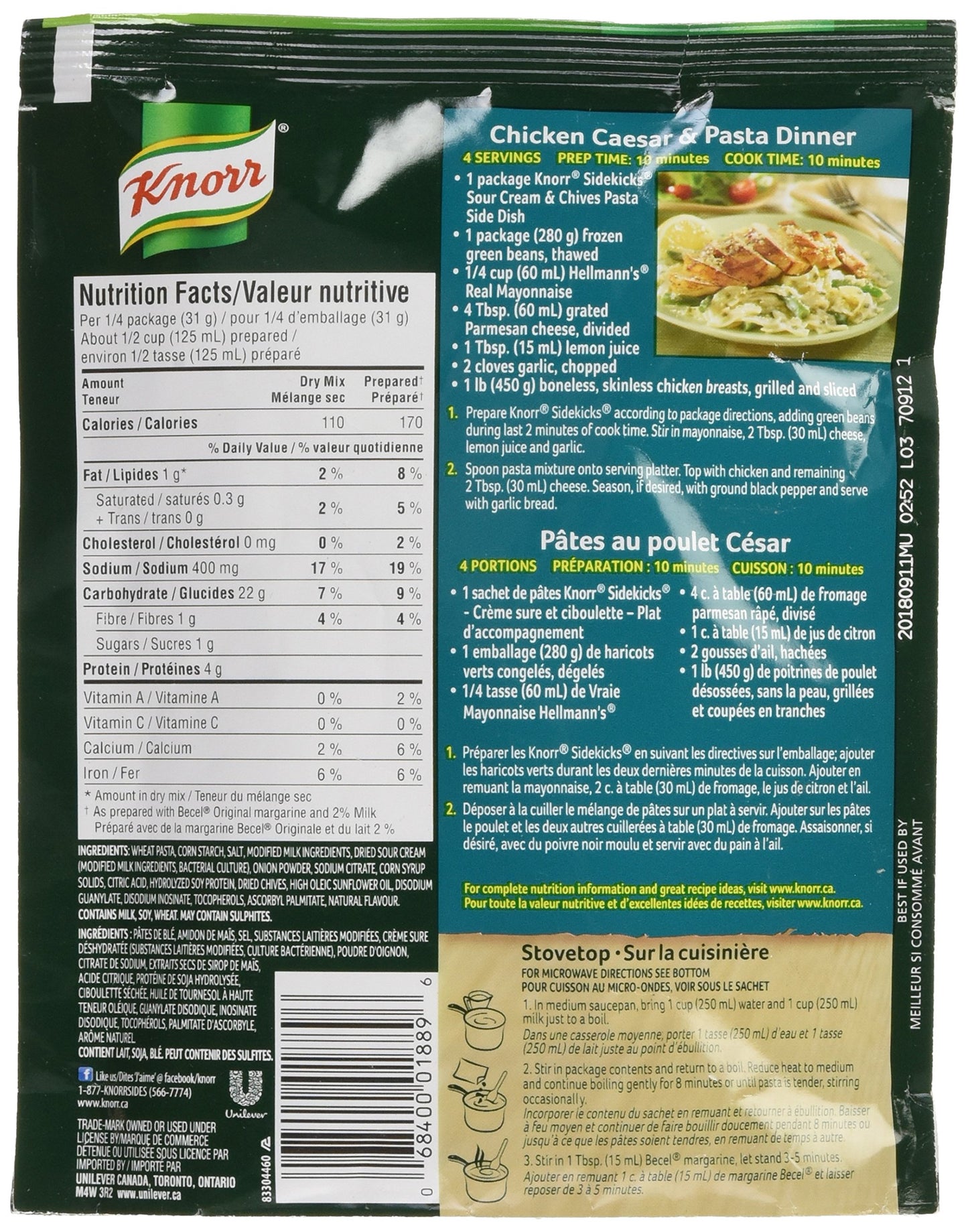 Knorr Sidekicks Sour Cream & Chives Pasta Nutrition Facts
